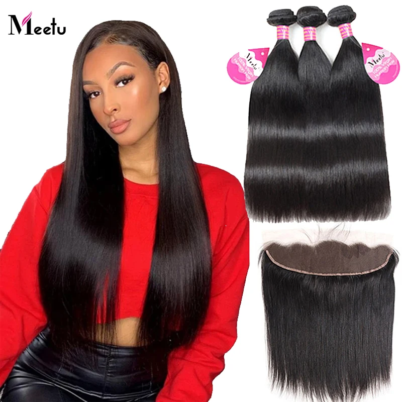 Meetu бразильские волосы прямые человеческие 3 пряди с фронтальной застежкой 13x4