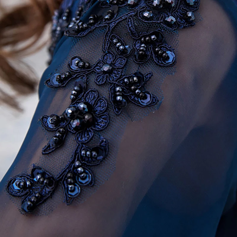 

Blue Luxury Evening Dress Illusion O-Neck Fioor-Length Trumpet Full Beading Embroidery Lace Elegant Women Formal Dresses TS355