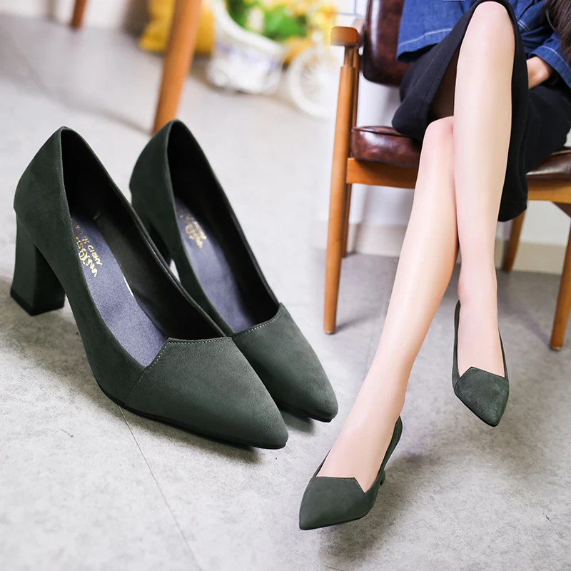 2019 Top quality spring new thick high heel black suede single shoes pointed toe mujer head with wild women's pumps shoes