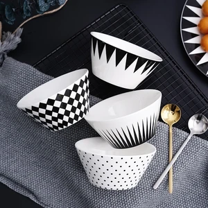 Black and White Geometric Wave Dot Diamond Triangle Ceramic Bowl Rice Bowlcereal Bowl Salad Bowl Dessert Bowl Creative Ins Style