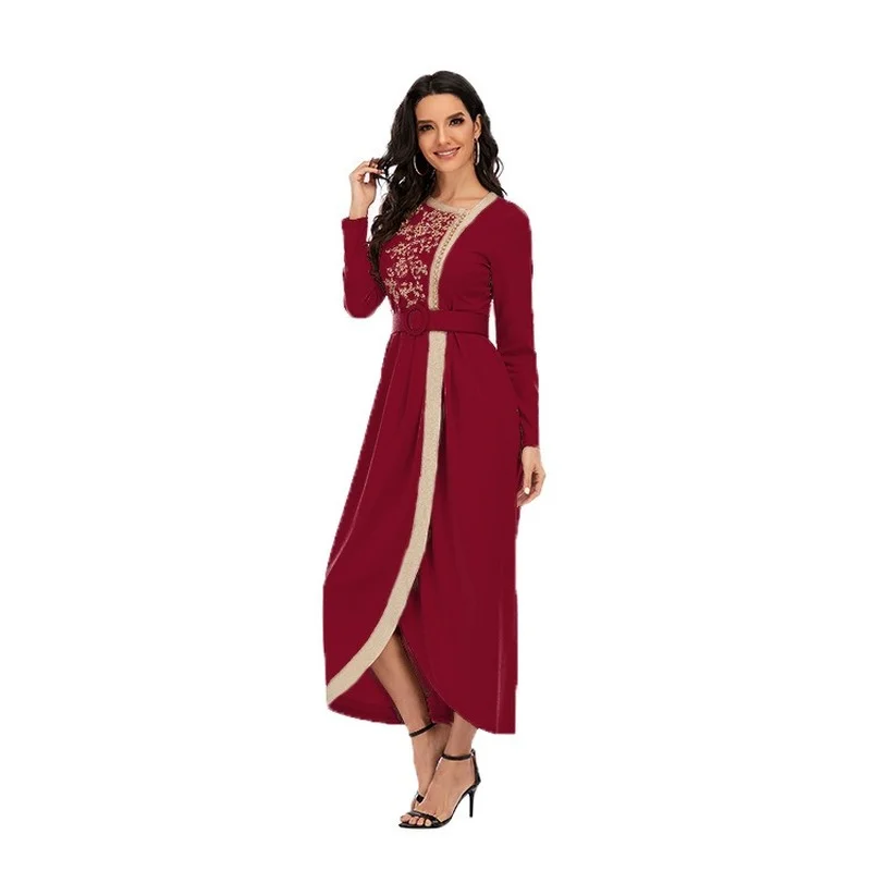 Muslim Dress Middle East Ramadan Dubai Abaya Turkey Muslim Fashion Robes New Embroidery Beaded Slim Long Dress Belt Donsignet