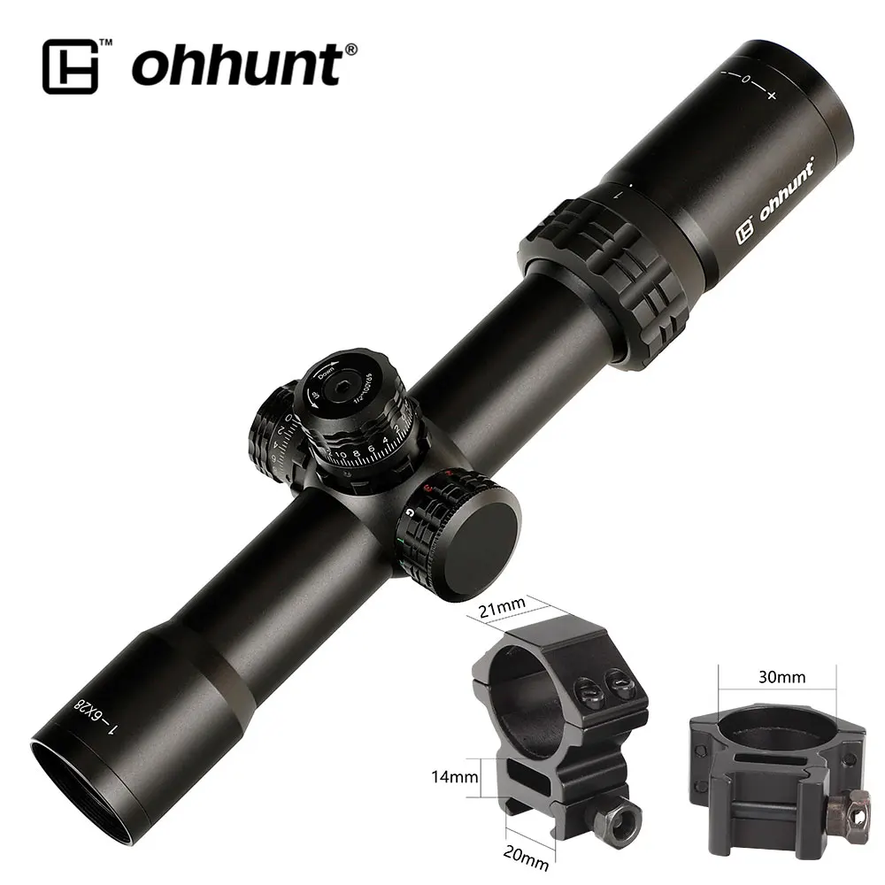 Охота ohhunt тонкий край 1-6X28 ИК оптические прицелы Mil точка стекло травление сетка RGB Освещение турели замок сброс съемки область - Цвет: Med Picatinny Rings