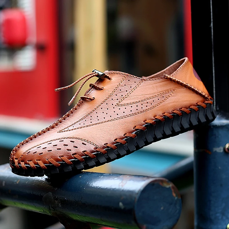 

Men's Leather Shoes Summer Fashion Single Layer Leather Breathable Slip-On Shoes Classic Sewing Soles Retro Style Casual Shoes