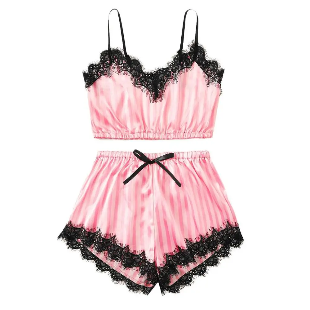 Женская пижама с v-образным вырезом шелк кружево сатин полосатая камисоль