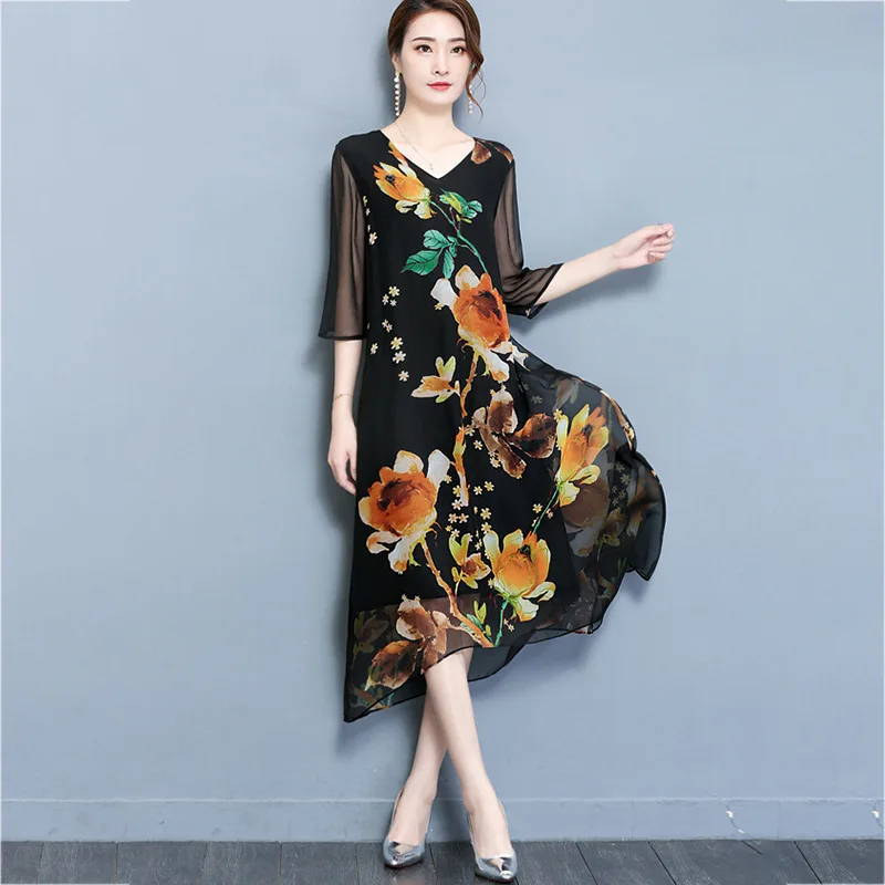 2020 Новое весеннее летнее женское шелковое платье свободного кроя с принтом в