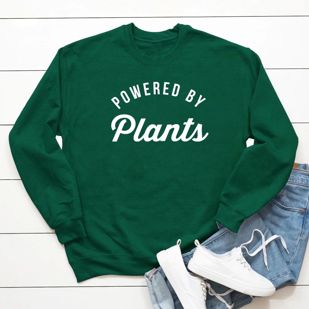 Powered By Plants 100% Cotton Sweatshirt Unisex Long Sleeve Vegan Pullovers Casual Women Crewneck Jumper Vegetarian Sweatshirts | Женская