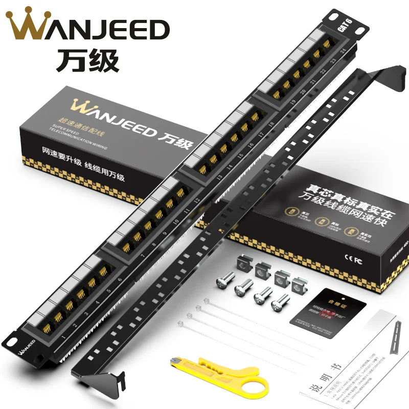 WANJEED CAT6 патч-панель 24 порта RJ45 1U 19 дюймов в стандартном шкафу с управлением кабелем и защитной крышкой