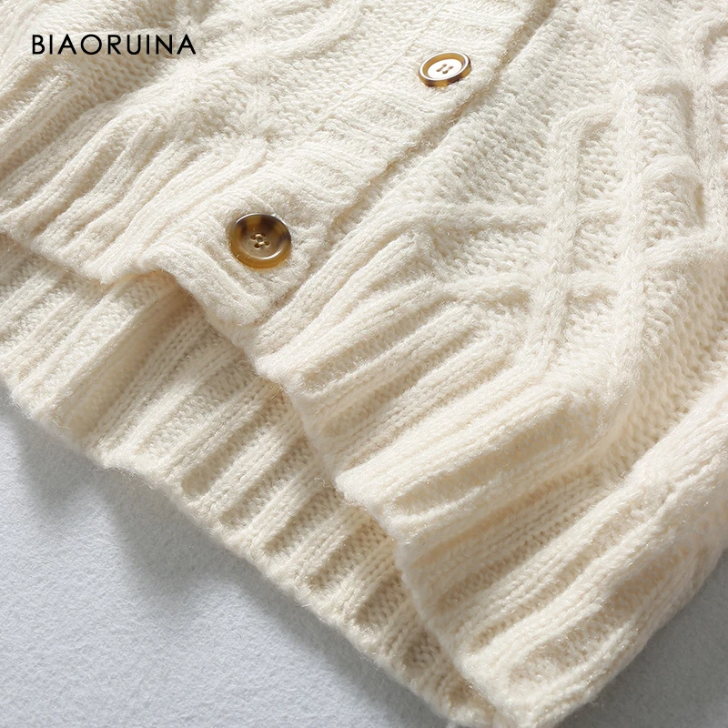 BIAORUINA Women's Beige Loose Single Breasted Winding Knit Cardigans Female Keep Warm Vintage V-neck Oversized Sweater |
