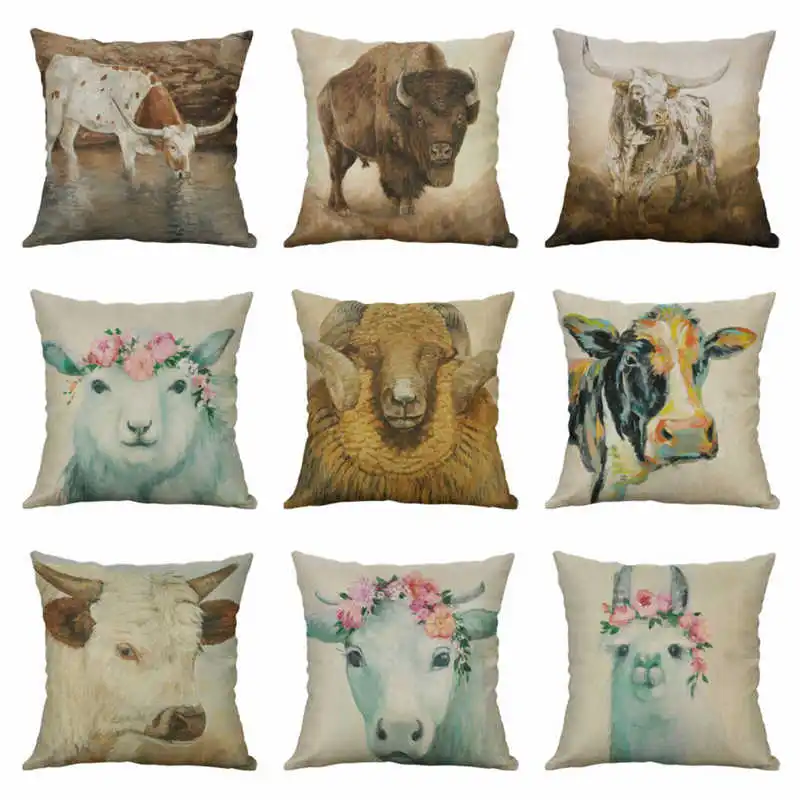 Décor Pillow Cotton Home sheep Cover Animal Case Cow Printing 18" Cushion Linen