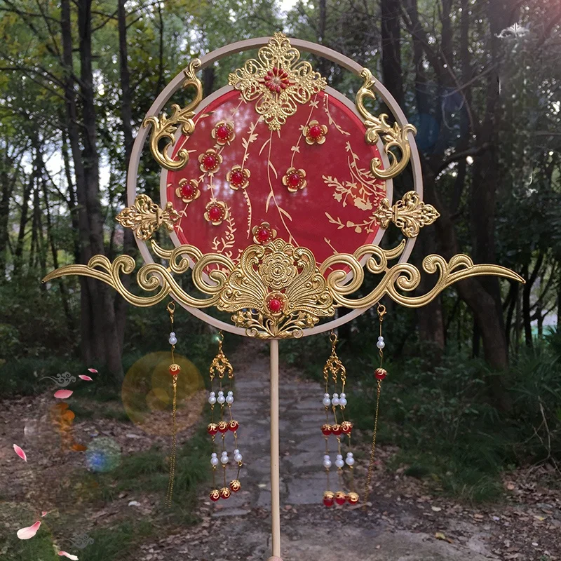 

TT Double Circle Ancient Style Long Handle Hanfu Circular Fan Bride Holding Fan Wedding Fan Dragon Mother Fan Tassel Wedding