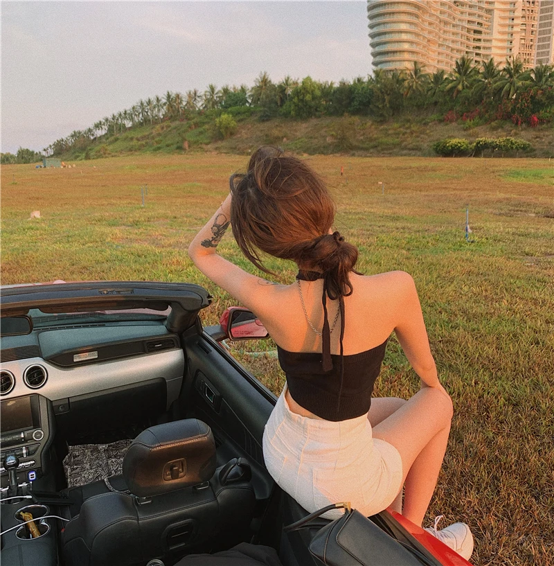 

Summer Solid Color Women Tanks Sleeveless Short Knitted Small Halter Vest Girlish Tops Female Versatile High Street Strap Camis