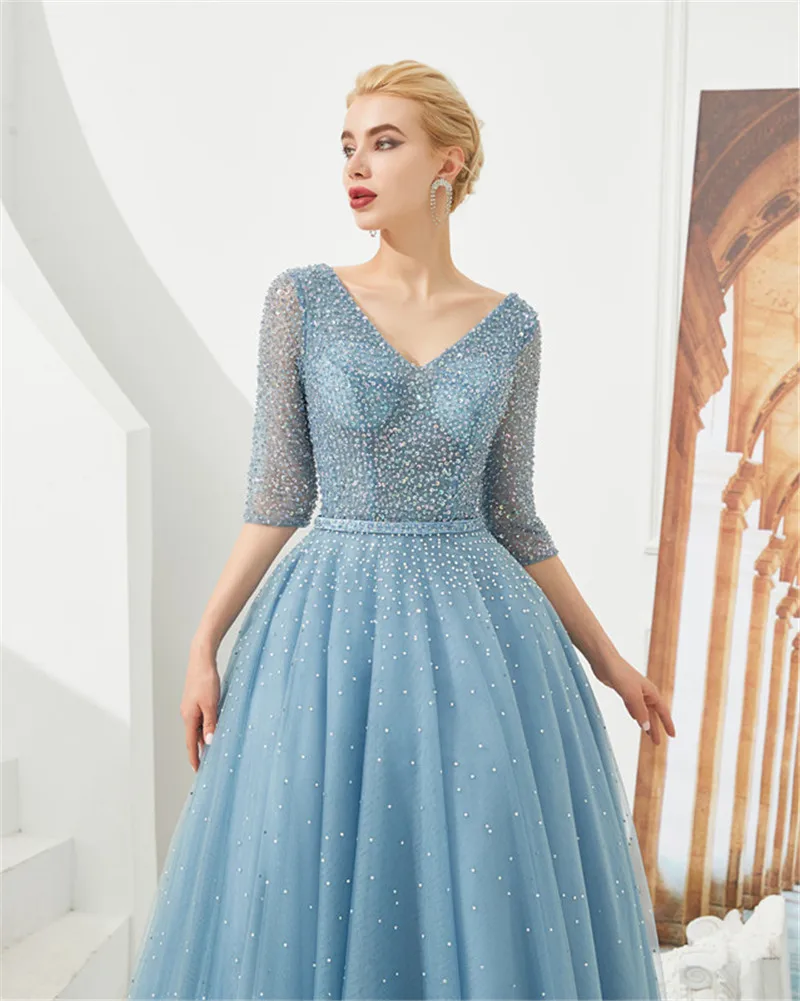 

SWEMILE Luxury Beads Sequins Light Blue Evening Dress Sexy Open Back Half Sleeve Evening Party Dresses Vestido De Festa