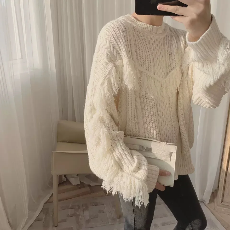 Белый вязаный свитер с бахромой женские зимние пуловеры новинка 2019 вязаные