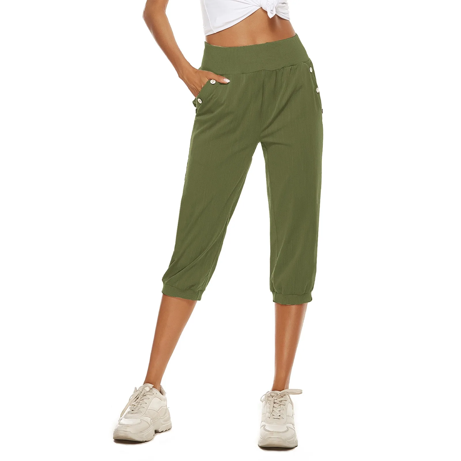 

Women Ladies Pencil Pants Summer Women Mid Rise Pockets Capri Pants Cropped Trousers 3/4 Trousers Plus Size Female Capris
