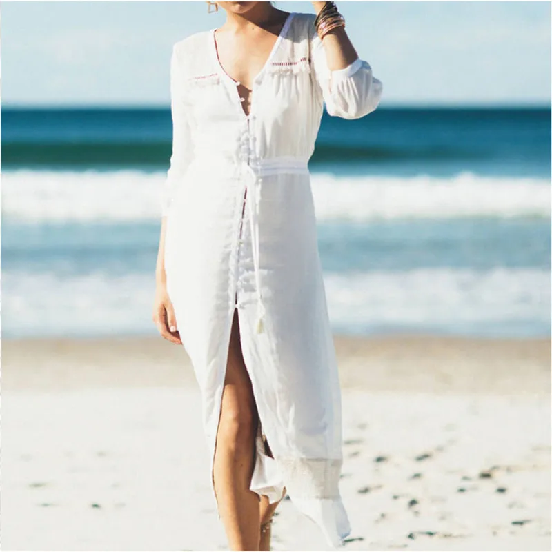 Белая хлопковая туника женское летнее пляжное платье купальный костюм накидка - Фото №1