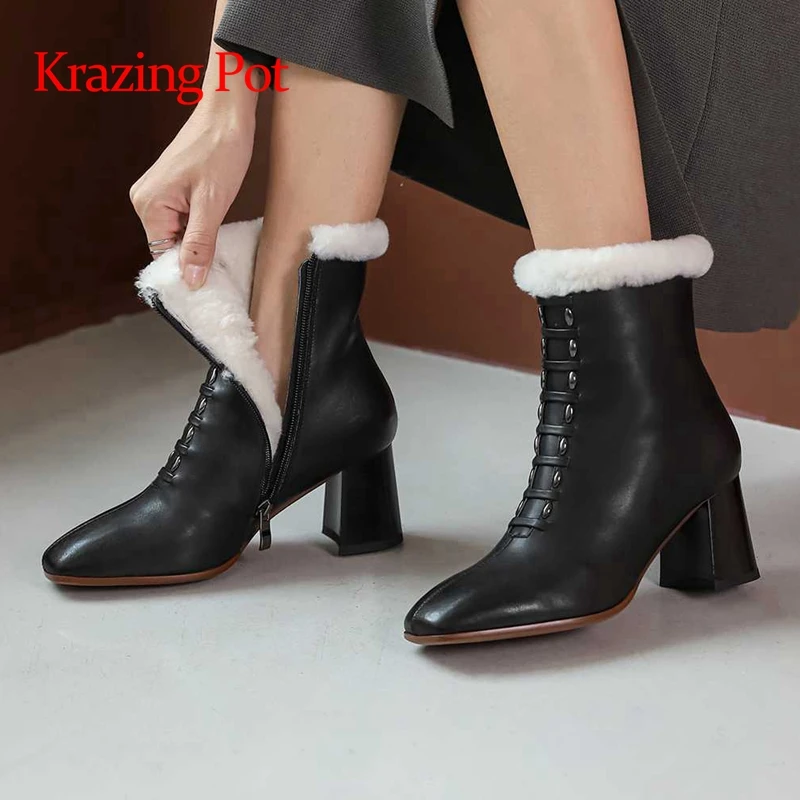 

krazing pot plus size genuine leather square toe high heels snow boots winter keep warm retro fashion elegant ankle boots L81