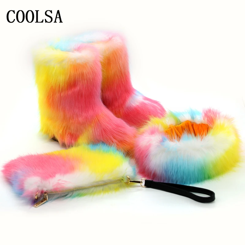Coolsa/женские зимние ботинки на лисьем меху; комплект с сумкой и повязкой на голову; меховые ботильоны; пушистые плюшевые ботинки; зимняя теплая обувь; женские меховые ботинки на плоской подошве; Botas Mujer