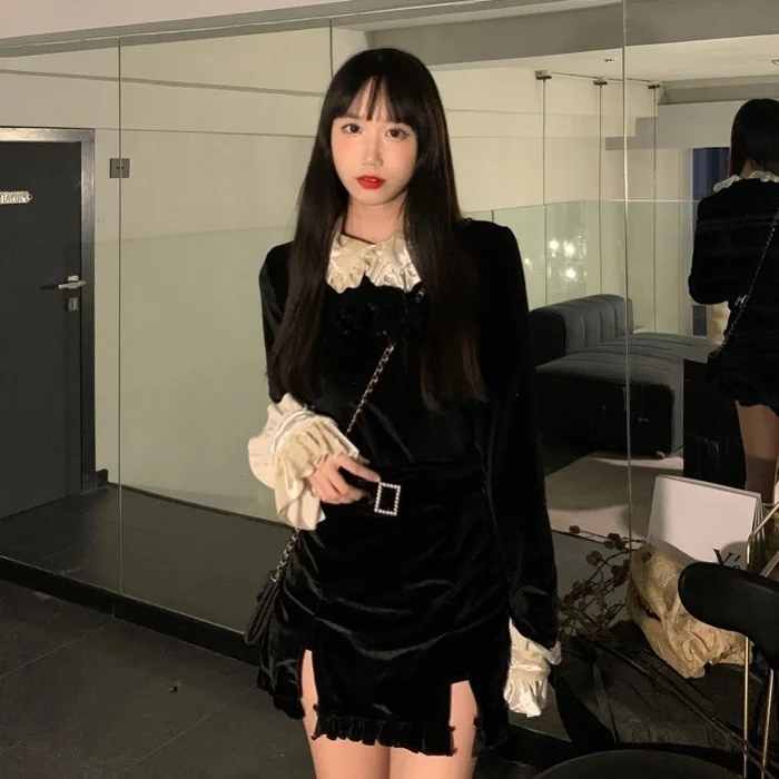 Черная кружевная юбка с кукольным воротником и разрезом | Женская одежда