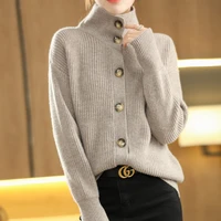 autumn and winter new hhalf high lapel 100 pure wool cardigan female korean version loose thick sweater button knitted jacket