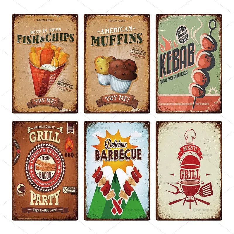 BBQ Meun Metal Sign Vintage Tin Plaque Wall Decor For Barbecue Bar Pub Kitchen Party Zone Signs Iron Paintin | Дом и сад