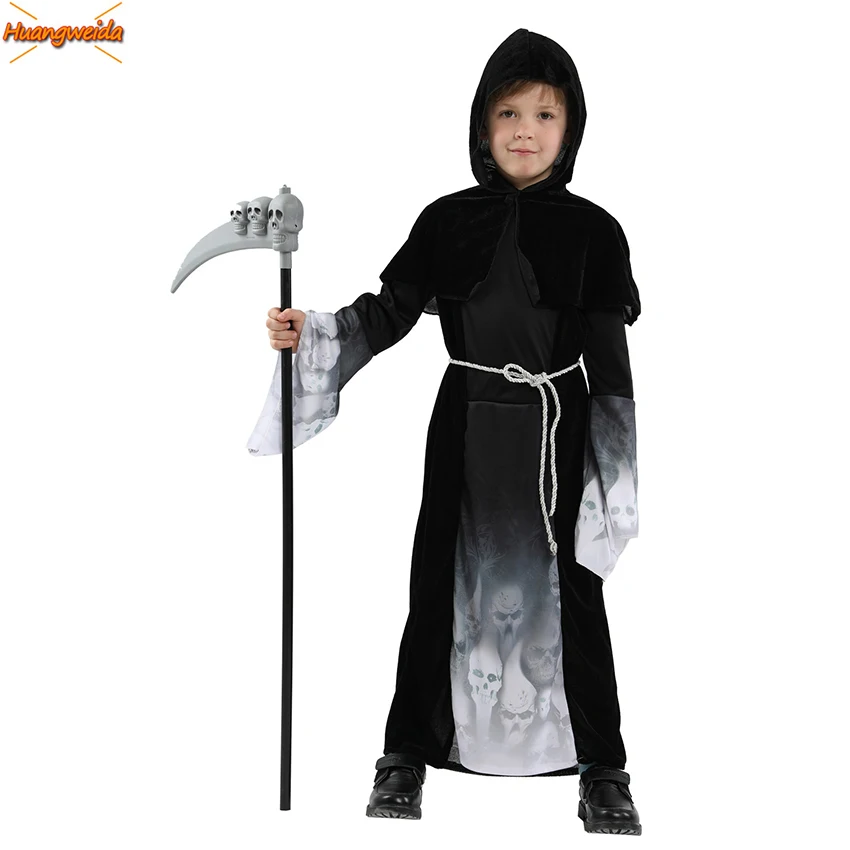 

Grim Reaper Skull Costumes Boy Terror Death Sickle Magician Wizard Cosplay Anime Ghost Halloween Costume for Kids Carnival Prop