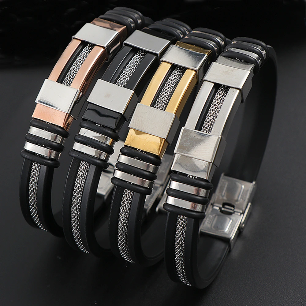 Браслет мужской из нержавеющей стали и силикона черного цвета в стиле панк