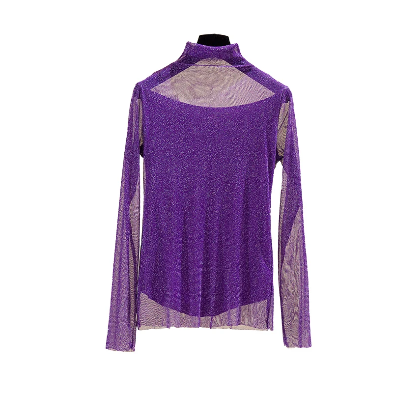 

High Quality Bright Thick Pullovers for Women Elastic turtleneck Shirt female Long Sleeve T-shirt Spring Tops slim hollow sexy