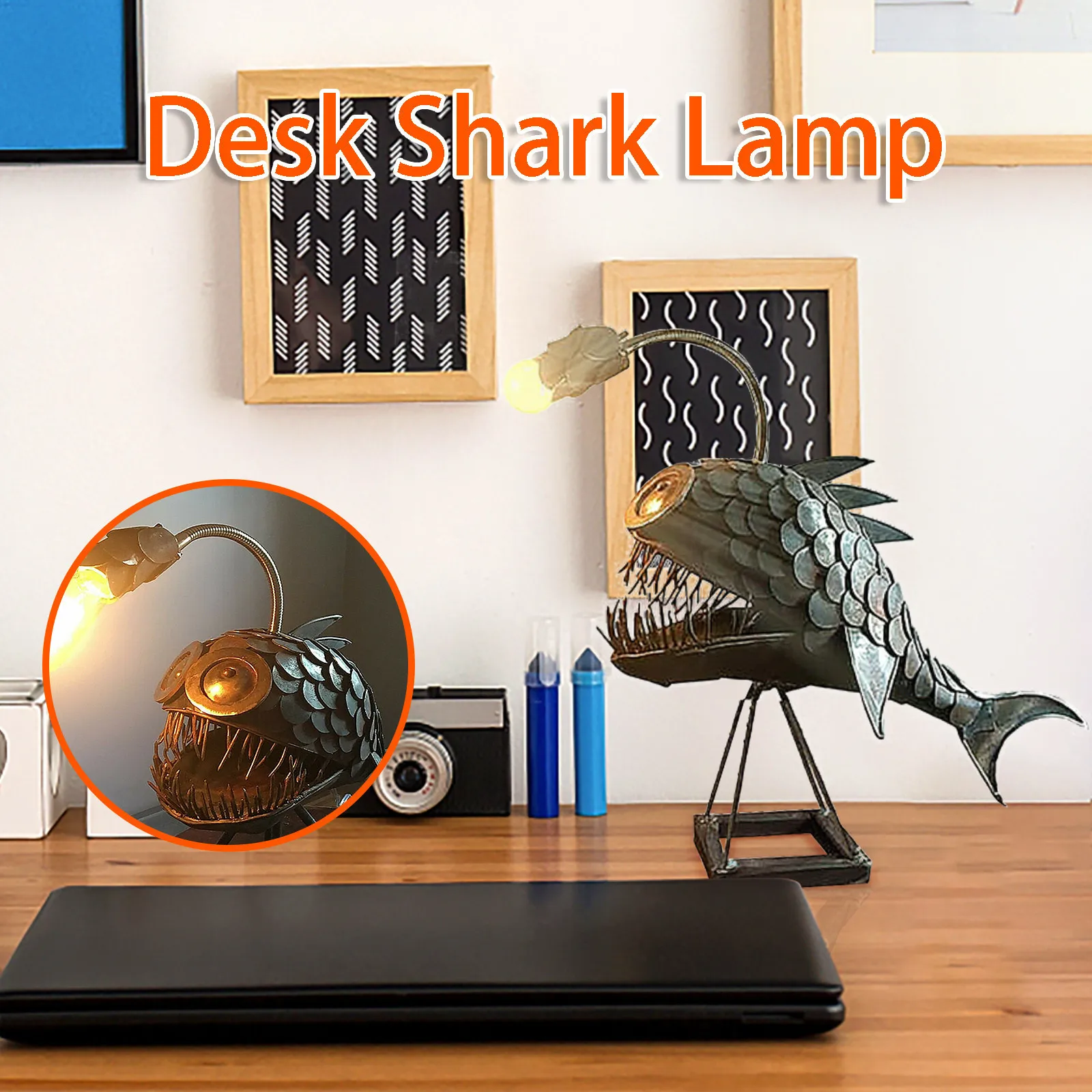 

Desk Creative Usb Fishing Light Sharks Light Handmade Unique Light Led Light Table Lamp Room Courtyard Decoration FFT
