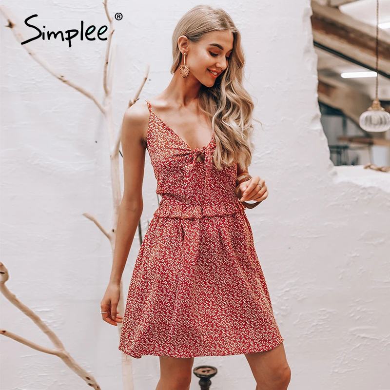 Летнее женское платье мини Simplee на бретелях-спагетти сарафан бохо шнуровке 2019