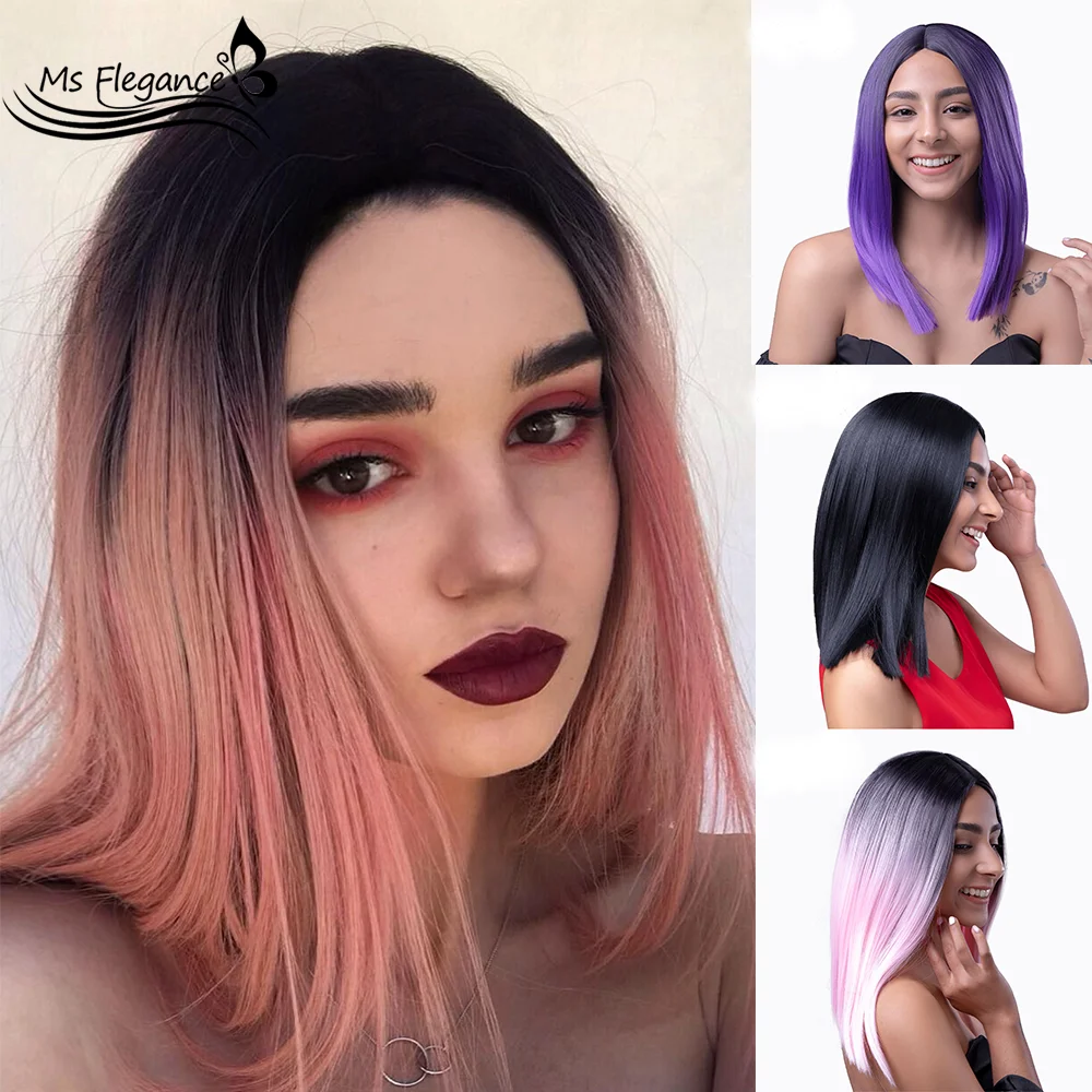 

MS FLEGANCE Pink Straight Cosplay Wigs Synthetic For Black Women Short bob Fake Hair Lolita Wig Purple Black Daily Party Wigs