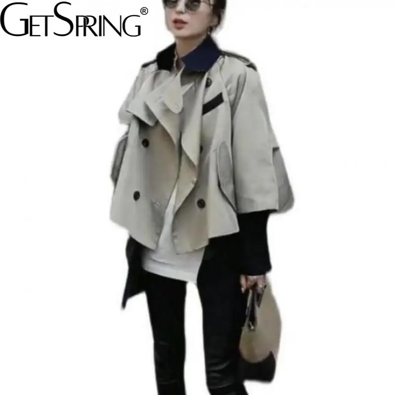 

Getspring Women Trench Coat Color Matching Double Breasted Khaki Windbreaker Asymmetry Casual Long Overcoat Women 2021 Fashion