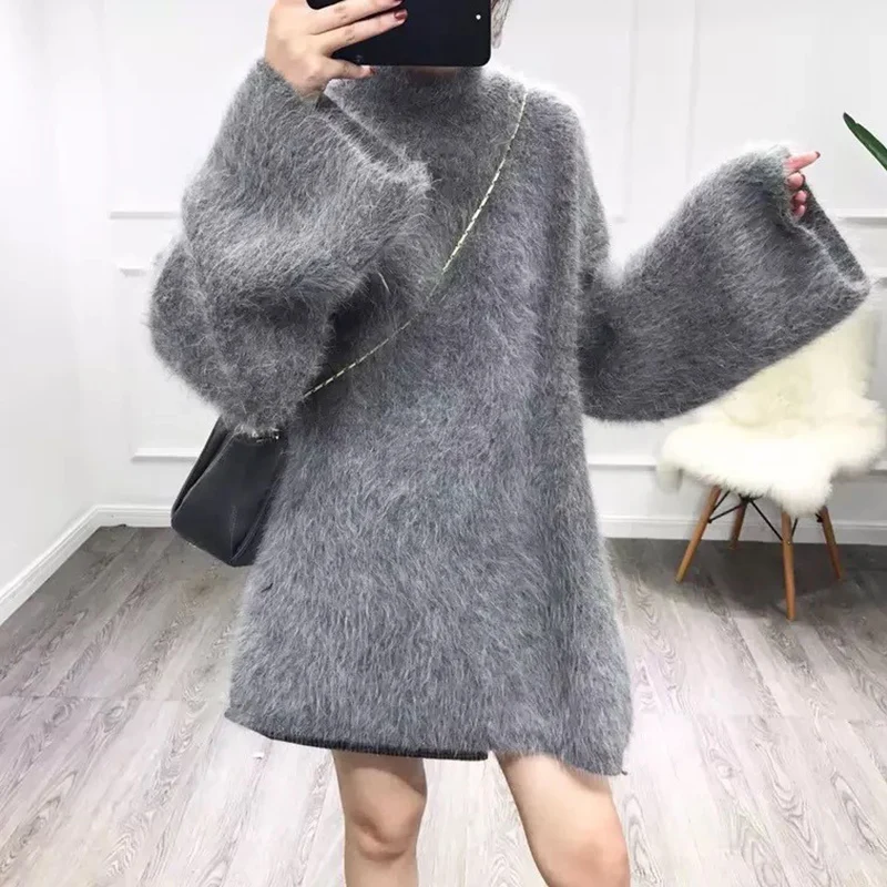 

Oversize Loose Mik Cashmere Sweater Winter Women Stand Collar Knitted Thicked Warm Flare Sleeve Harajuku Long Pullovers