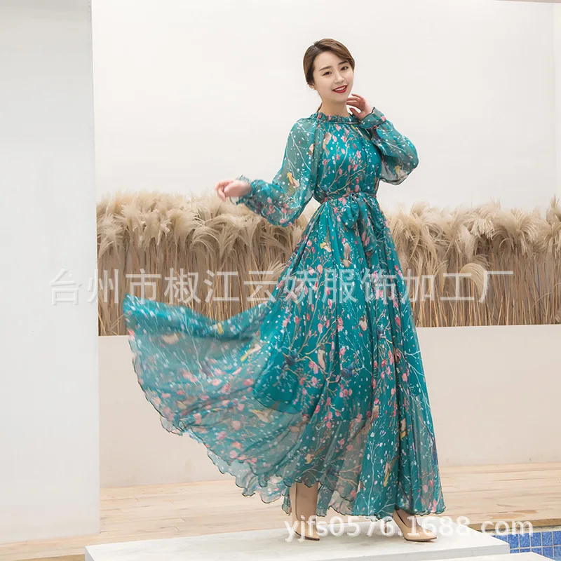 

2021 spring print long dress Lantern Sleeve Ruffled