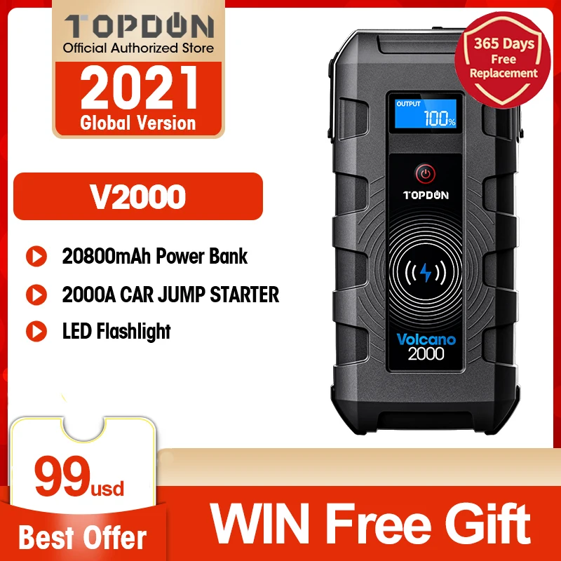 TOPDON V2000 автомобиль скачок стартер 20800 мАч 12V 2000A пик Портативный аварийного