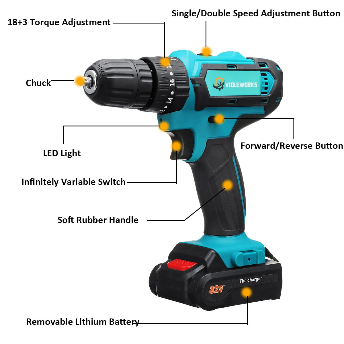 

Brushless Electric Screwdriver Drill Hammer 3 in 1 32V Variable Speed 38Nm Torque Cordless Impact Drill With 2PC Battery EU Plug