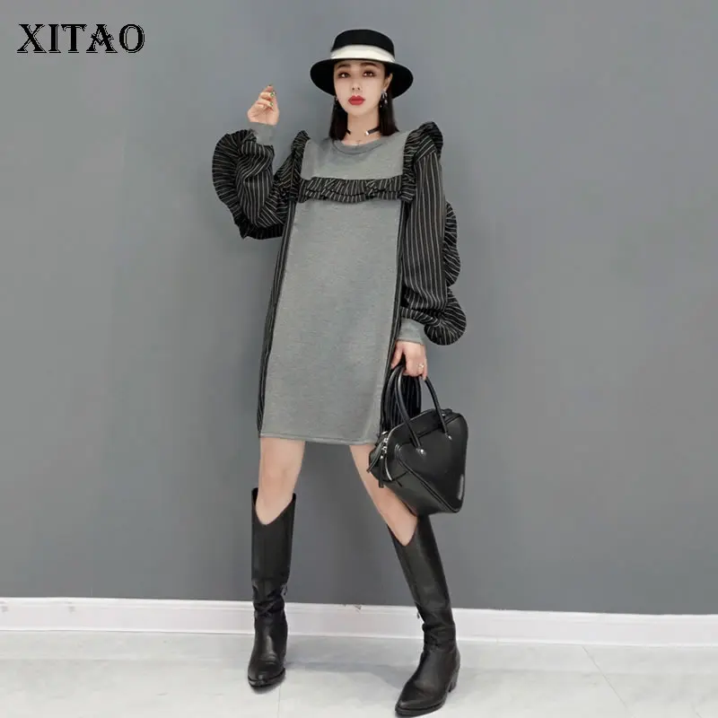 

XITAO лоскутное Полосатое платье 2021 осень новое поступление модное повседневное корейское свободное платье с круглым вырезом и длинными рука...