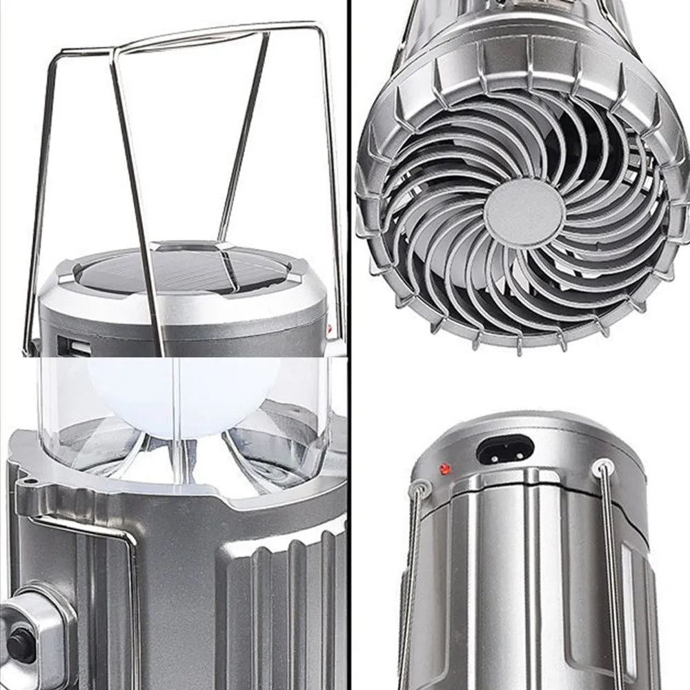 

LED Camping Light With Fan Solar Charge Rechargeable Lantern Hanging Tent Lamp Fish Flashlight Portable Solar Fans Outdoor