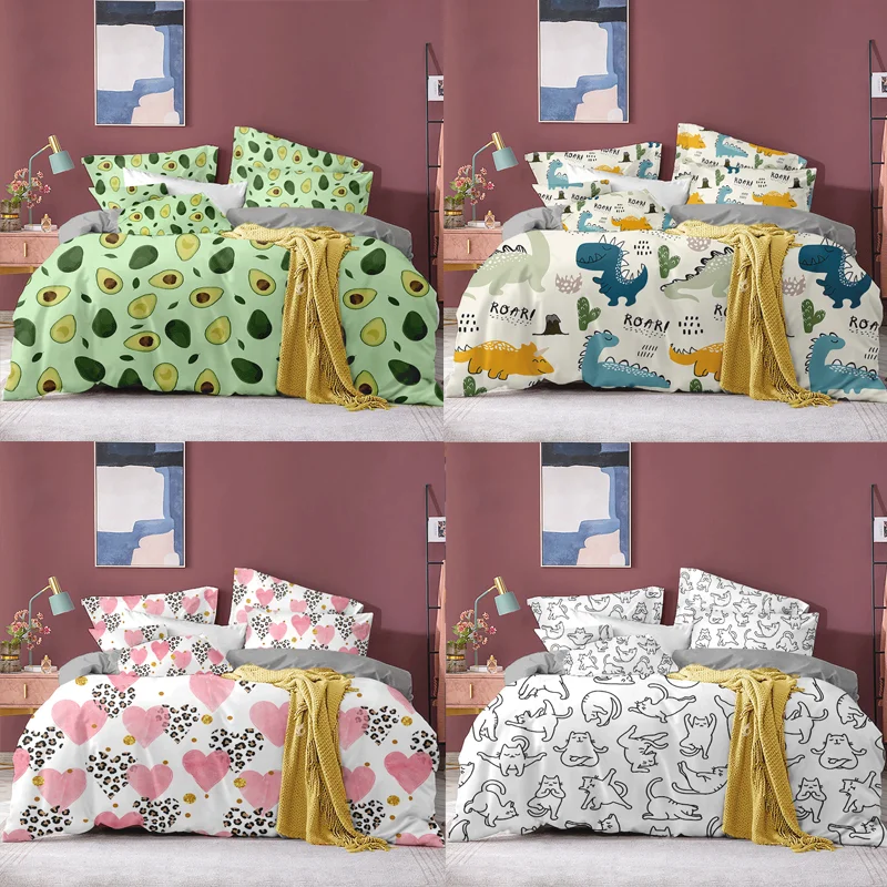 

Home Textile Cyan Cute Heart Dinosaur Duvet Cover PillowCase Bedding Set Boy Kids Teen Girl Bed Covers Set King Queen Twin