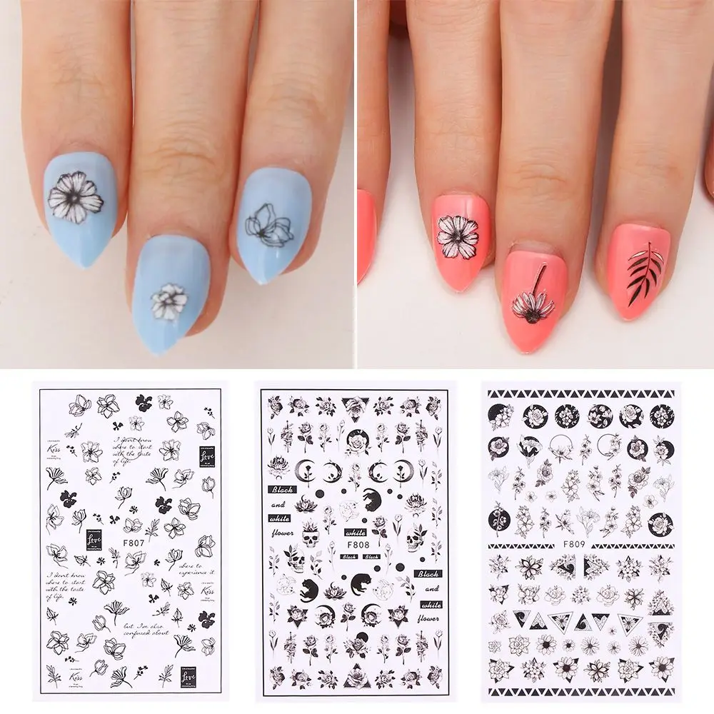 

Decoration Floral Sliders Wraps Decal Leaves 3D Gothic Black White Flowers Hollow Nail Stickers