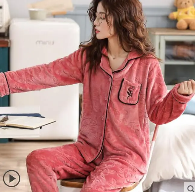 Корейские зимние женские пижамы плотные фланелевые пижамные комплекты с принтом