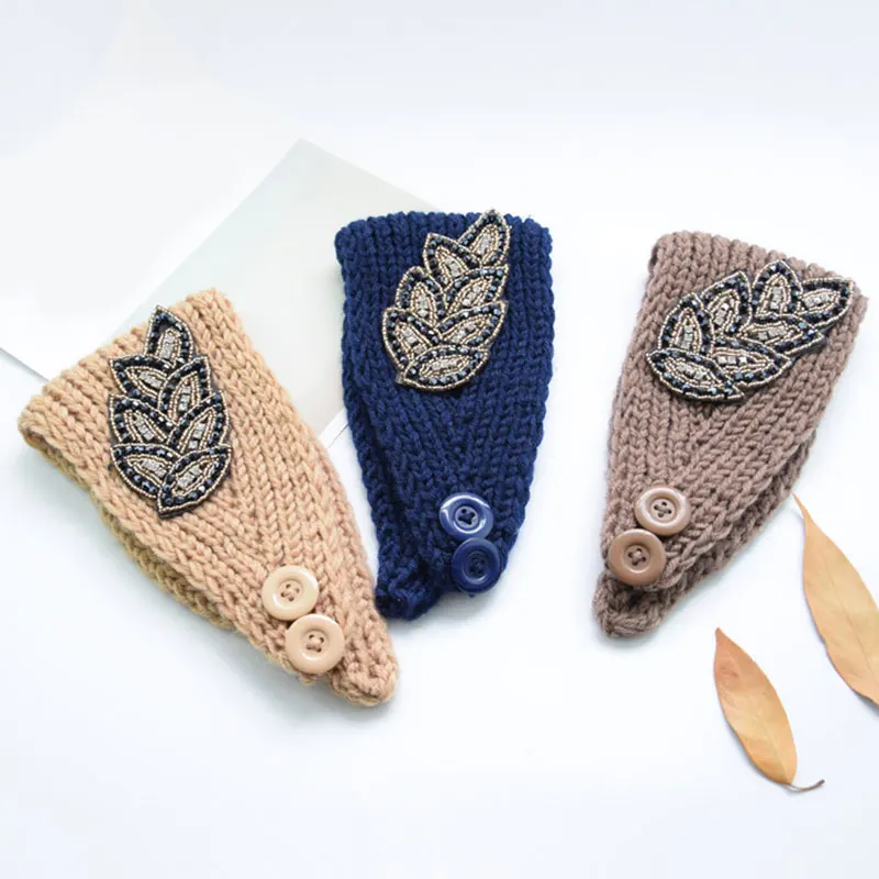 

Leaves Winter Rhinestone Knitted Headband For Women Girl Warmer Ear Wide Turban Hairband Headwrap Bandage Hair Accessories