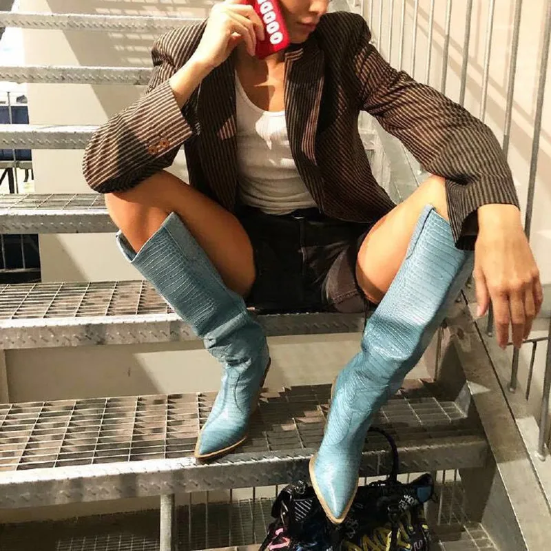 

YUE JABON leather women knee high boots sexy pointed toe western cowboy boots women mid-calf chunky wedge boots winter shoes