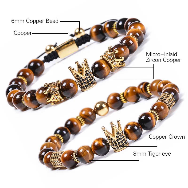 

8mm Natural Tiger Eye Beads Bracelets His And Her Cubic Zirconia Crown Bracelet Trend Braided Rope Bracelet Handmade Jewelry