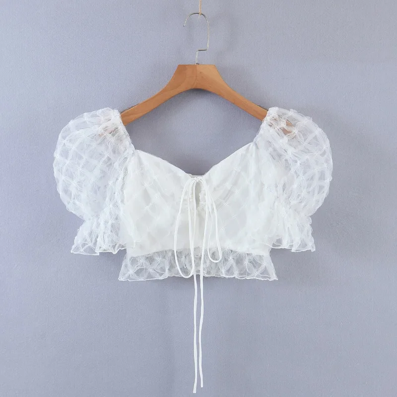 

Bubble Sleeve Short Top European And American 2021 Summer Fashion Style Square Neck Short Sleeve Bow Tie High Waist Top SS646