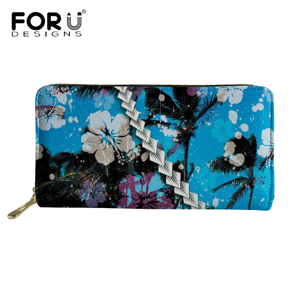 

FORUDESIGNS Polynesian Hibiscus Flower Pattern Credit Card Holder for Women Clutch Long Purse Lady Coin Money Bag Zipper Wallet