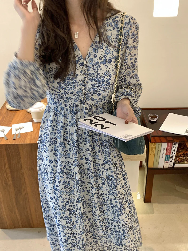 Платье женское шифоновое с V-образным вырезом и цветочным принтом | Женская