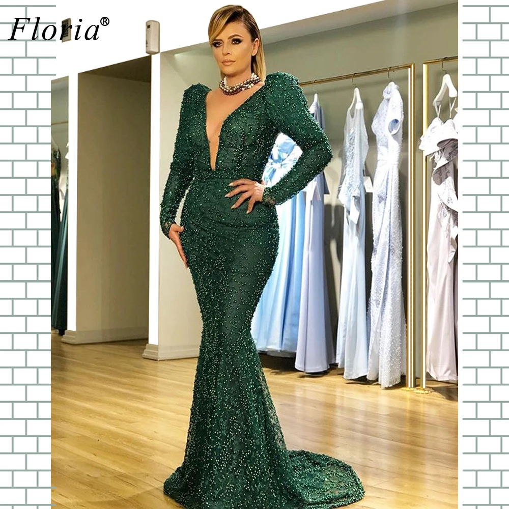 

Robe De Soiree Formal Evening Gowns 2020 Green Pearls Dubai Evening Dress Mermaid Formal Women Party Gowns Vestidos Plus Size