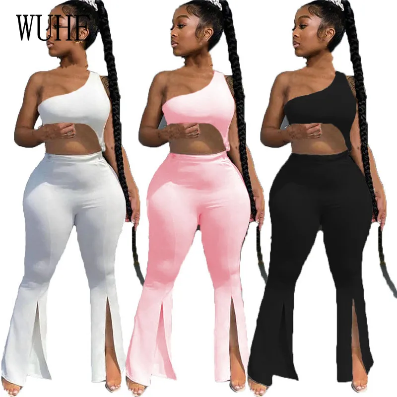 

KEXU Summer Outfits Oblique Shoulder Sleeveless Irregular Top and Skinny Front Split Long Pants Casual Sports Two Piece Suits