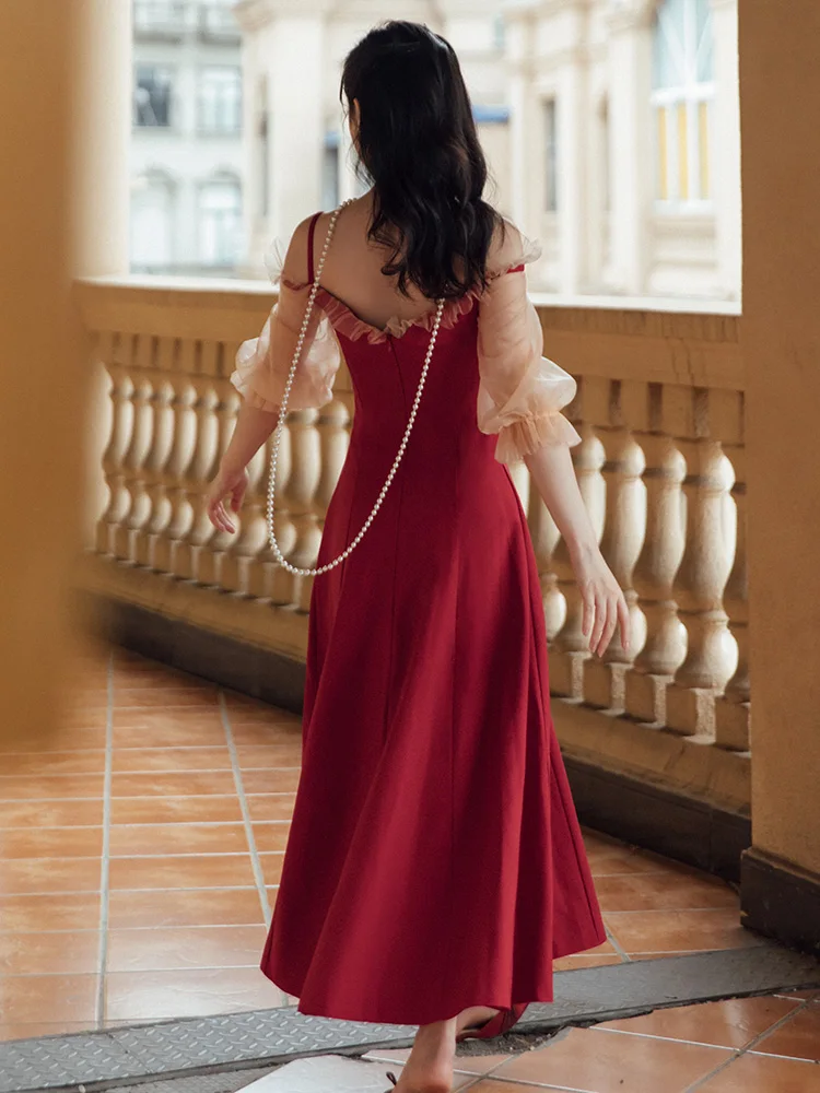 

Retro Red Dresses for Women 2021 Summer Mesh Patchwork Puff Sleeve Fungus Dress Sexy Slash-Neck Slimming Elegant Maxi Dress New