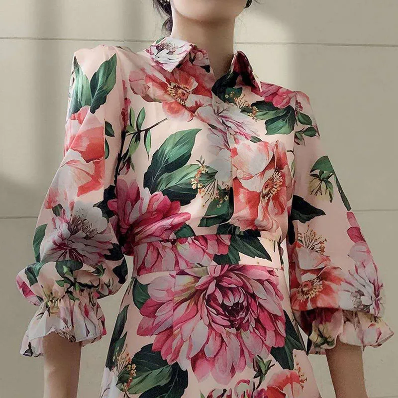 

Two Pieces Sets Women 2021 Summer Clothes Floral Printed Lantern Sleeve Turn-Down Collar Blouse And Skirts Suit Vintage Outfits